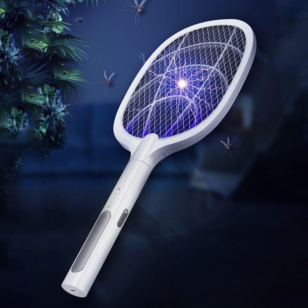 Angled view of the rechargeable mosquito swatter showing the power button and handle