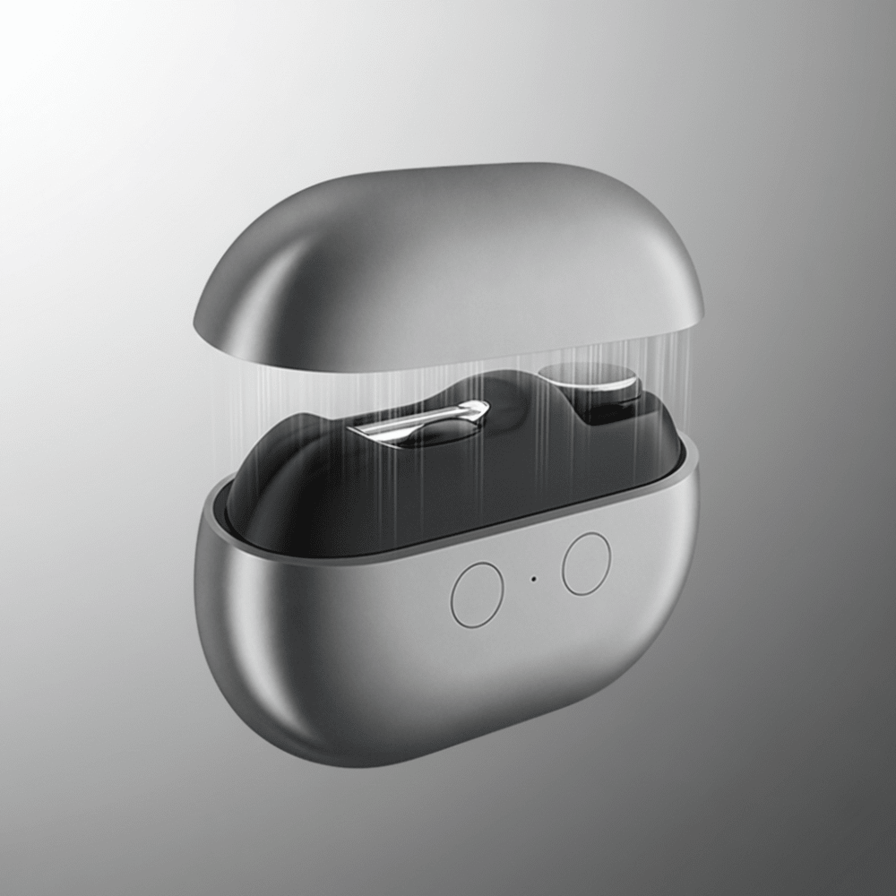 Electric nail clipper opened showing internal mechanical structure in gray finish