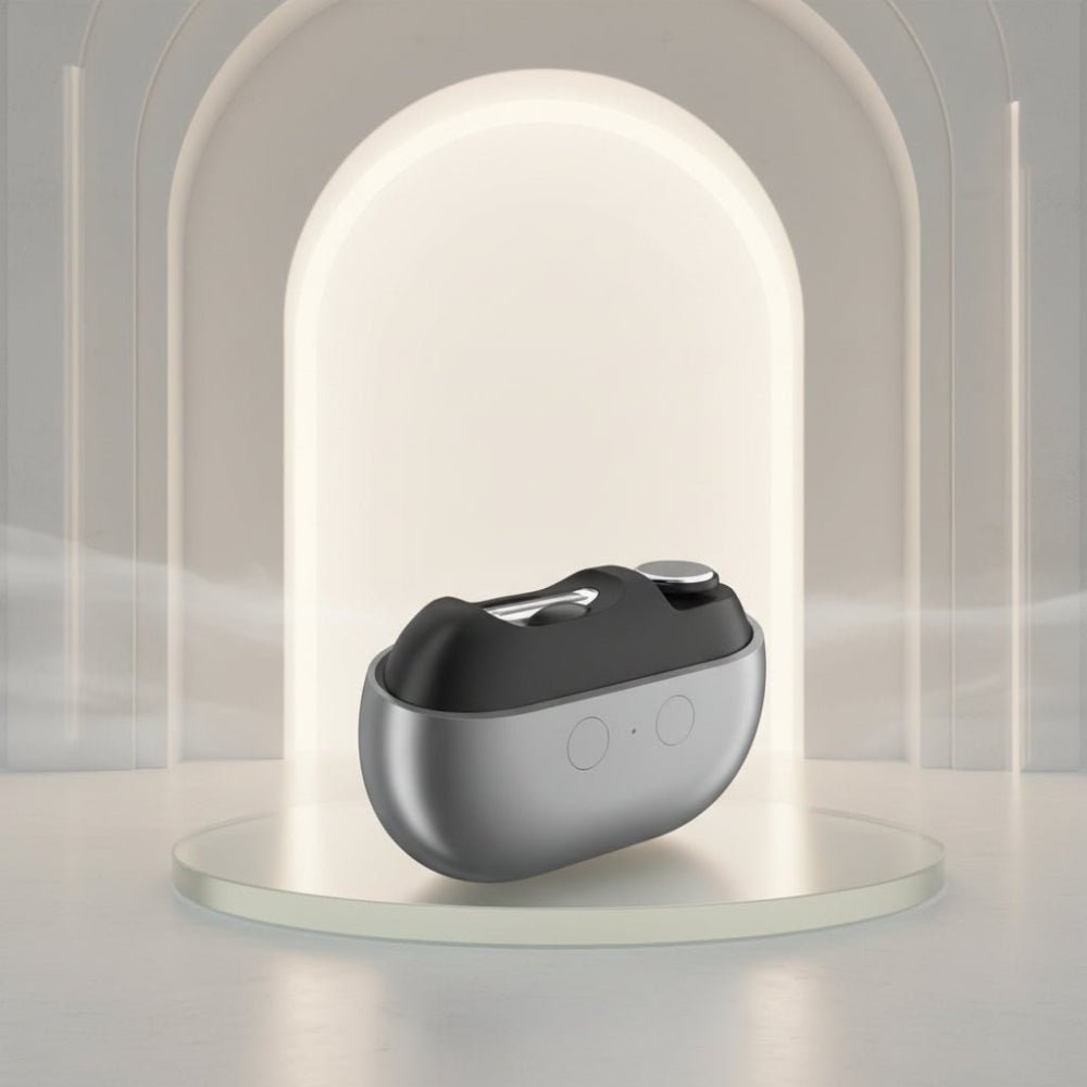 Sleek electric nail clipper displayed on a minimalist lighted podium
