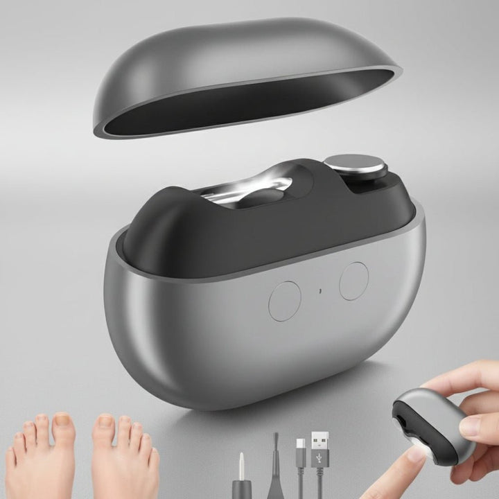 Electric nail clipper with included accessories and feet demonstrating use