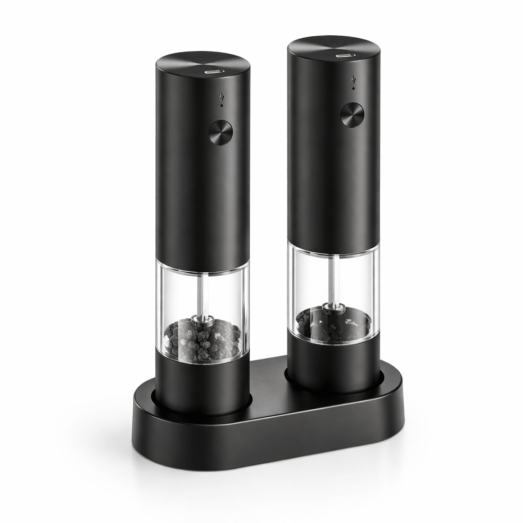 Electric salt and pepper grinder set in black finish on charging base
