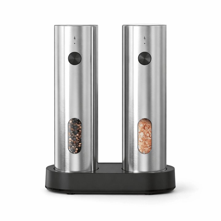 Electric salt and pepper grinder set in sleek silver finish on charging base