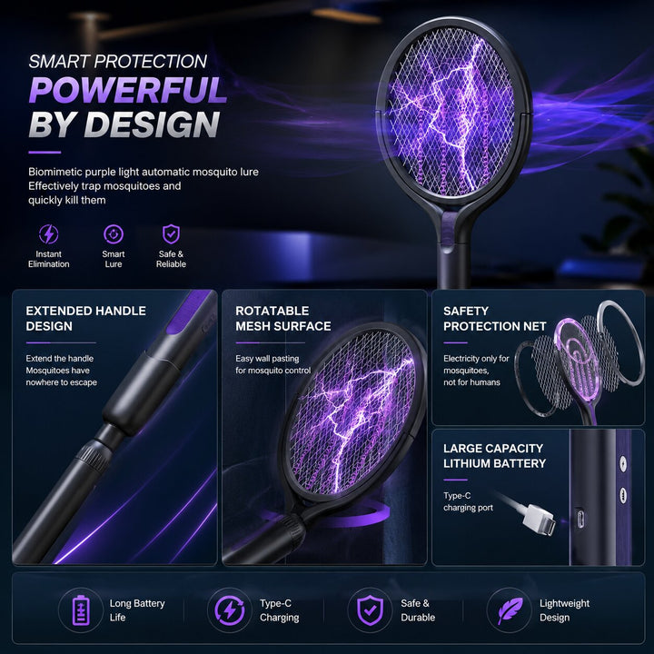 Product feature breakdown of the telescopic electric bug zapper showing mesh and battery