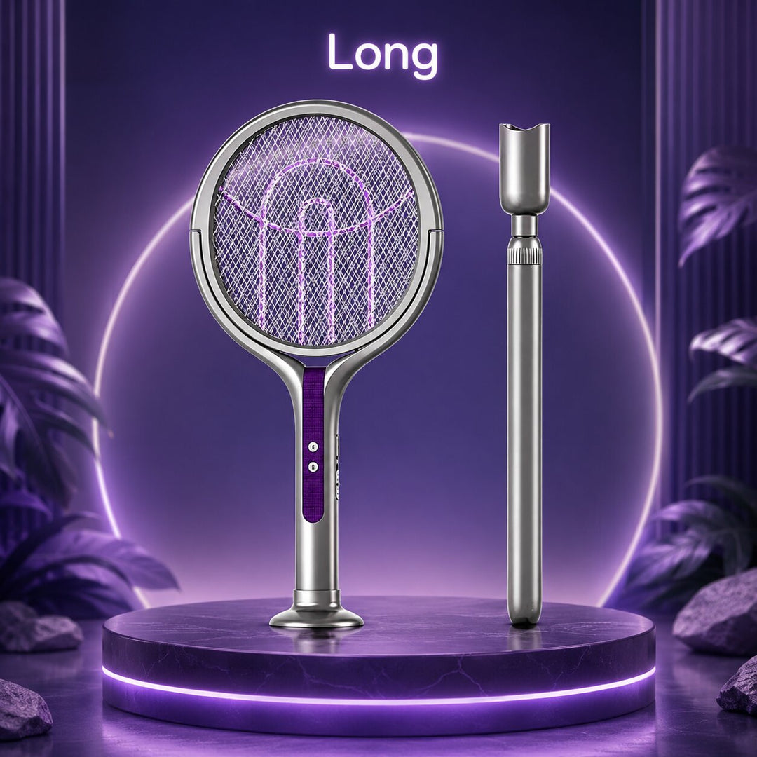Electric insect zapper racket angled view showcasing sleek design