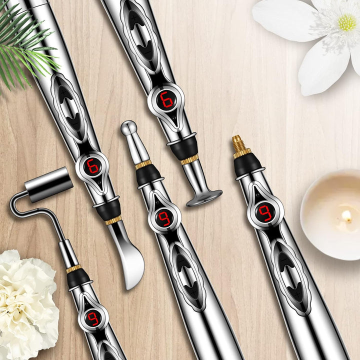 Meridian energy massage pen showing pulse therapy features