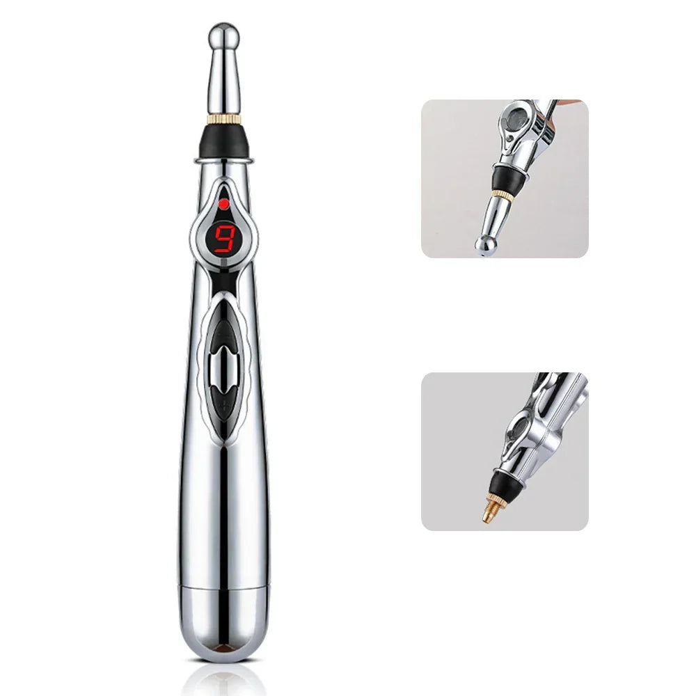 Electronic acupuncture pen with interchangeable heads and digital display