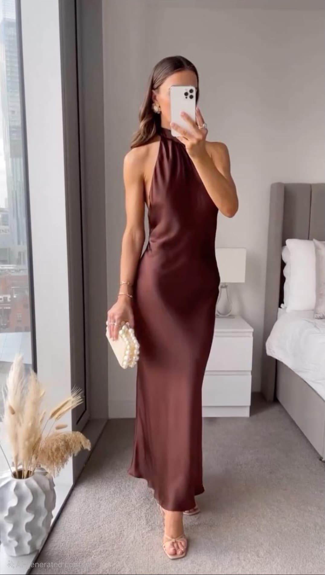 Woman wearing a brown halter neck midi dress standing in front of a window