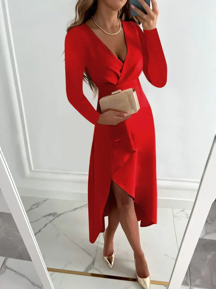 Close-up detail of fabric and stitching on the long sleeve formal party dress