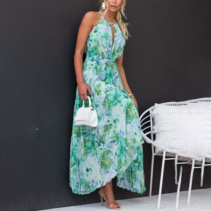 Close-up view of the green floral maxi dress bodice and halter neckline