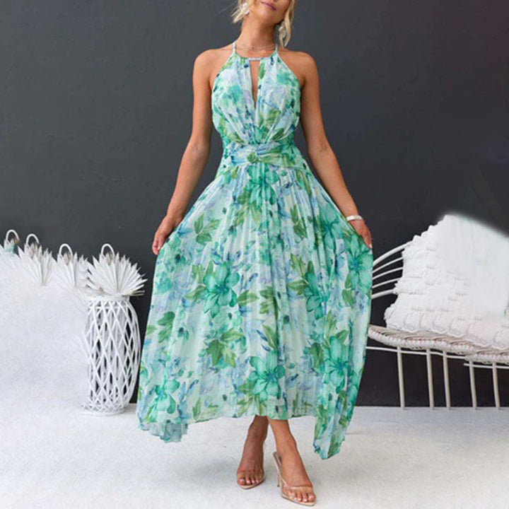 Back view of a green floral summer halter maxi dress for women