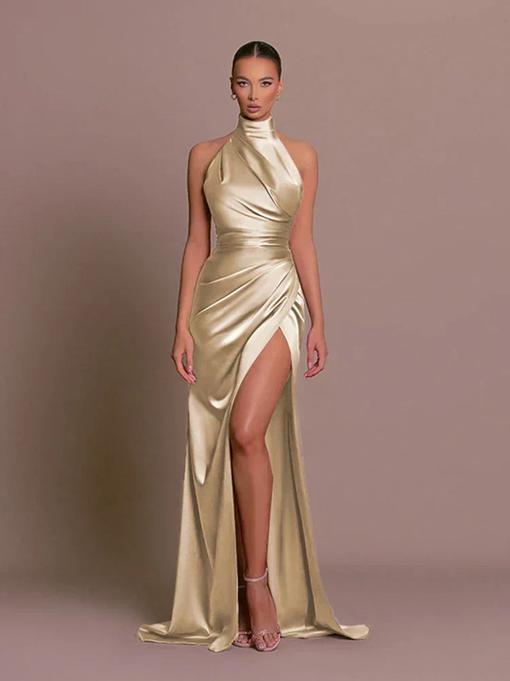 Close-up of the fabric and elegant bodice on a stylish maxi evening dress