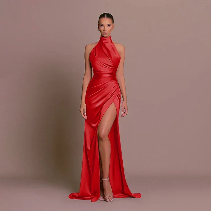 Back view of the fashionable high-slit evening gown for special occasions