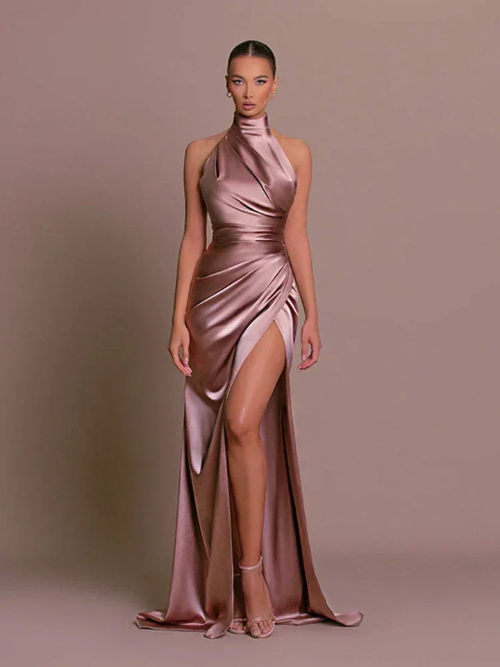 Detailed shot of the waist and draping on a chic women's formal maxi dress