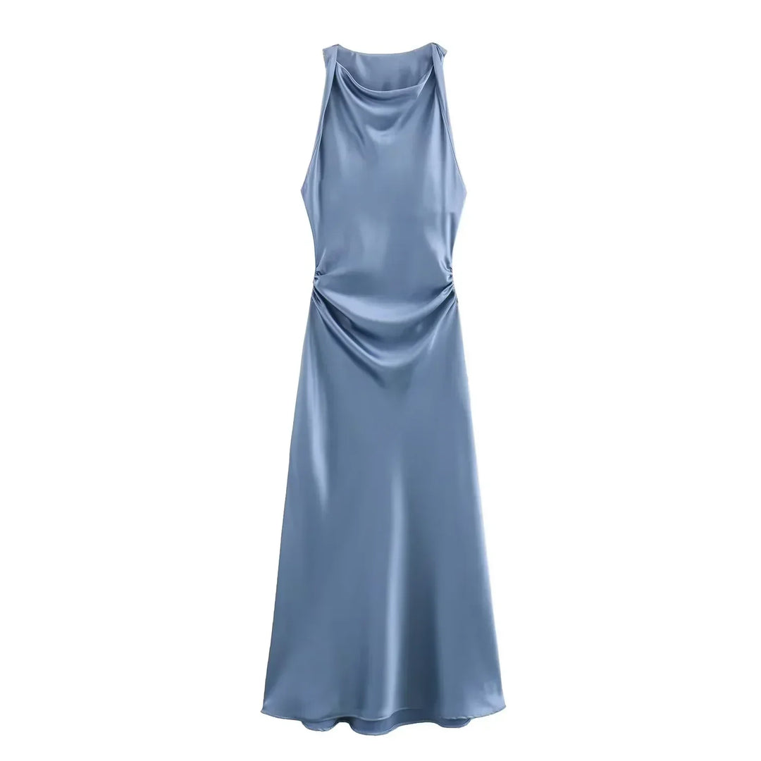 Blue elegant midi dress featuring a cowl neckline and fitted silhouette