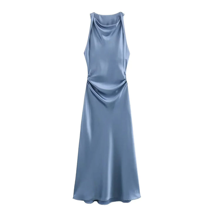 Blue elegant midi dress featuring a cowl neckline and fitted silhouette