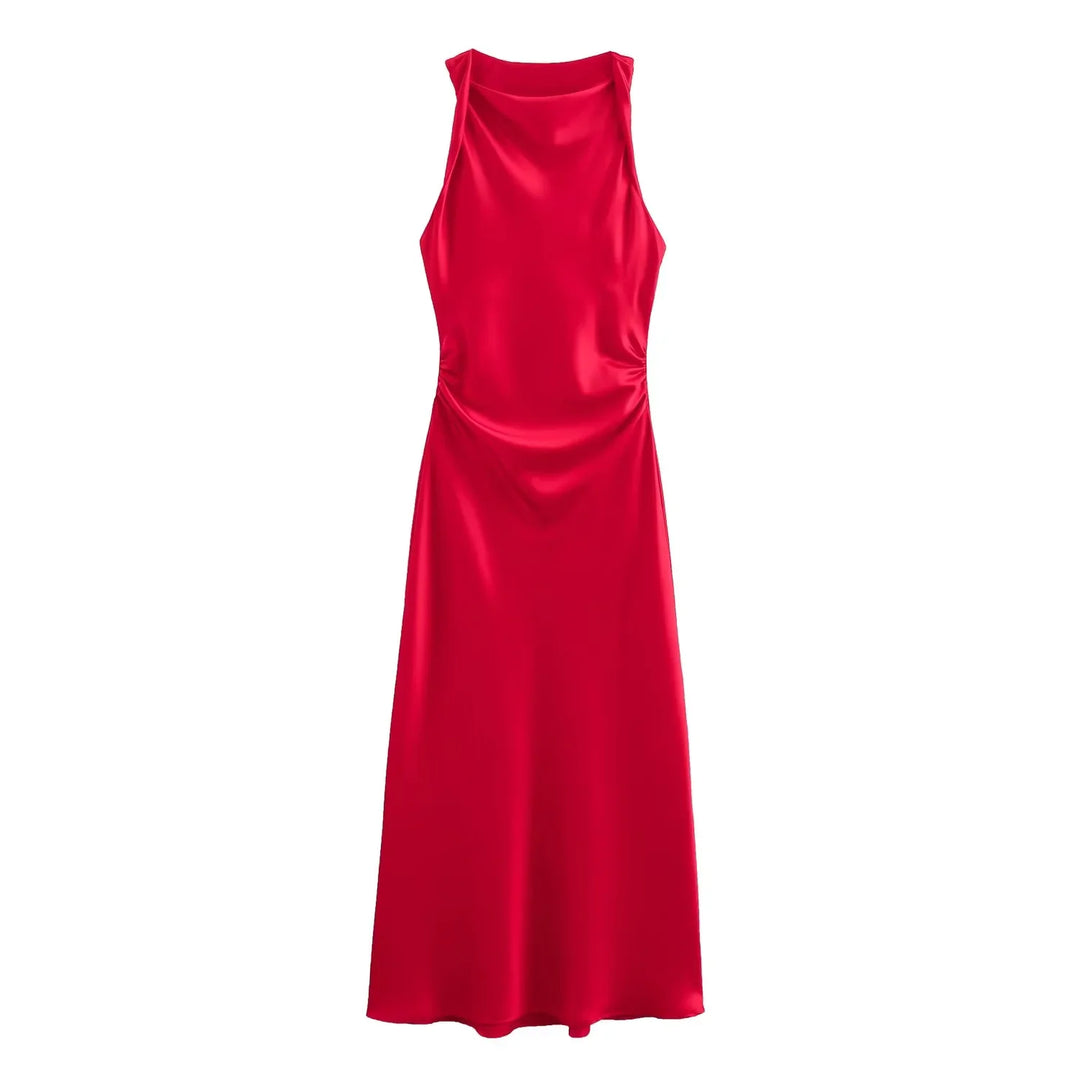Red elegant midi dress displaying sleeveless design and smooth texture