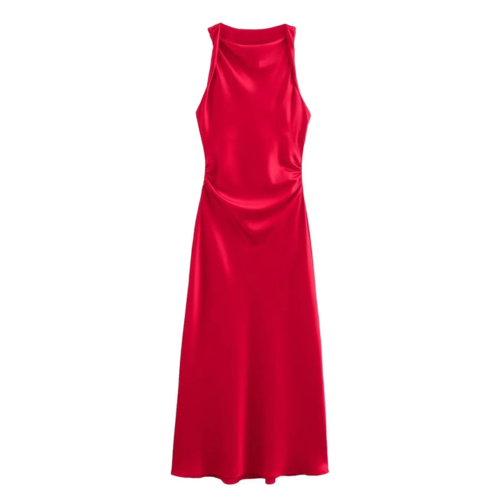 Red elegant midi dress displaying sleeveless design and smooth texture