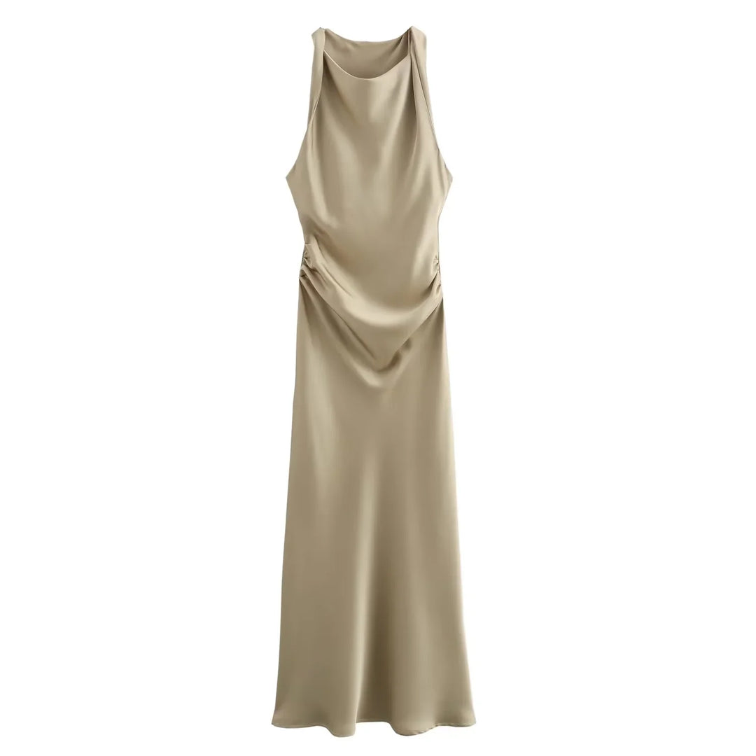 Sleeveless women's elegant midi dress showcasing the fitted waistline and flowy skirt.