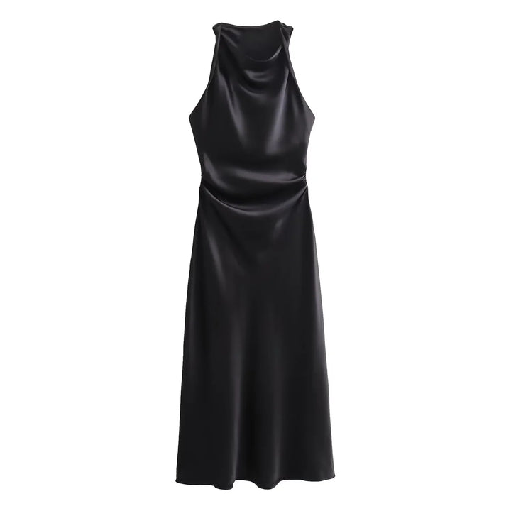 Back view of the comfortable women fashion midi dress with a concealed zipper.