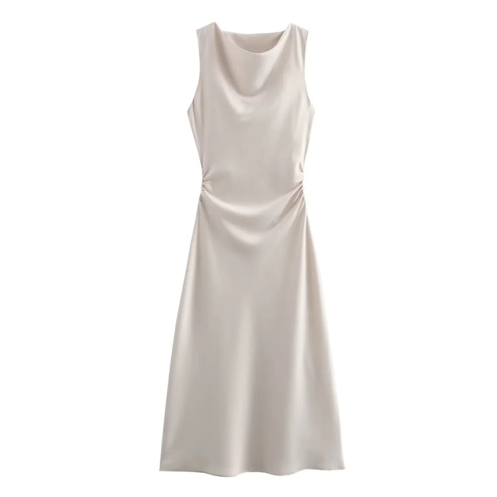 Full-length view of the sophisticated midi dress designed for evening events.