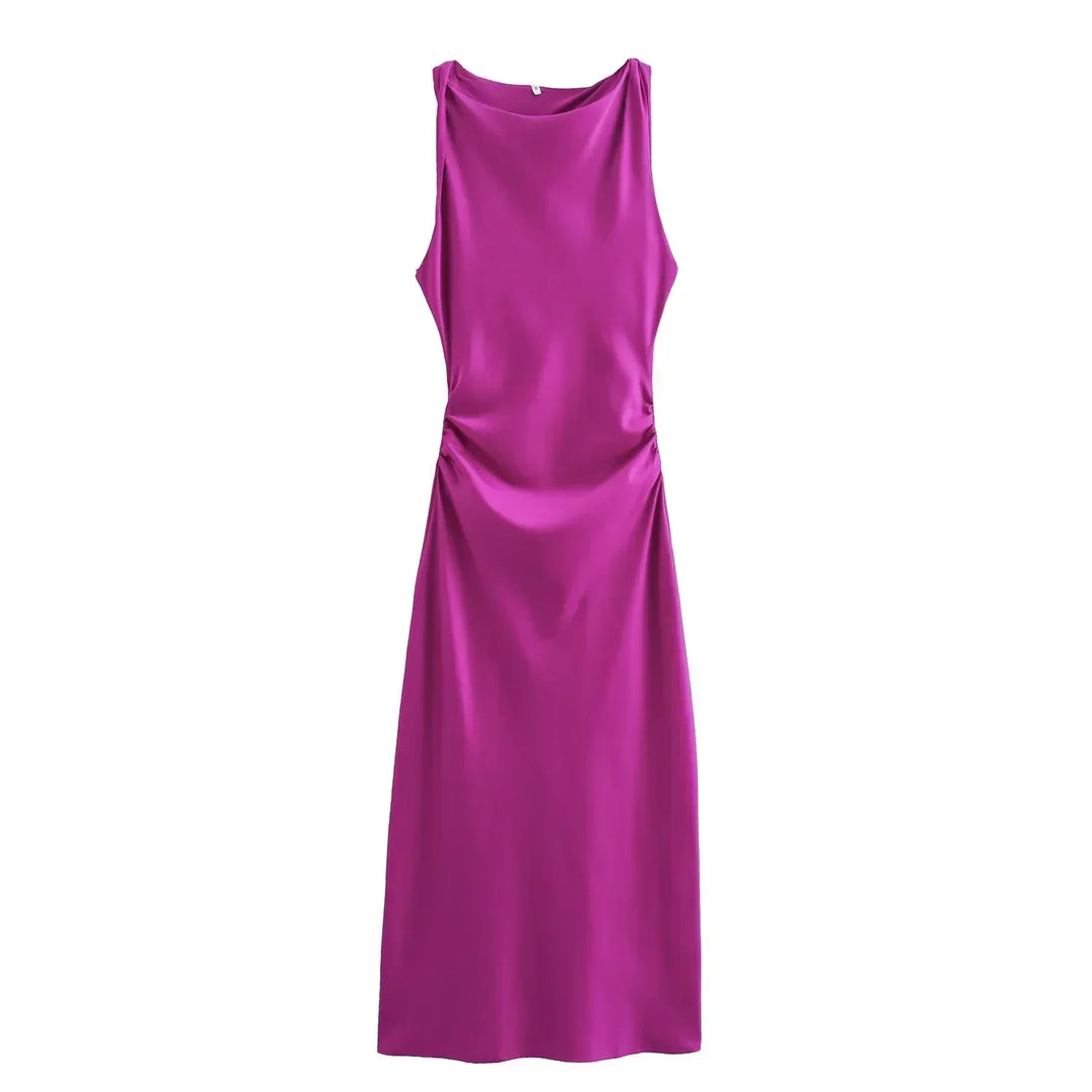 Detailed shot of the elegant neckline on the chic women's sleeveless dress.