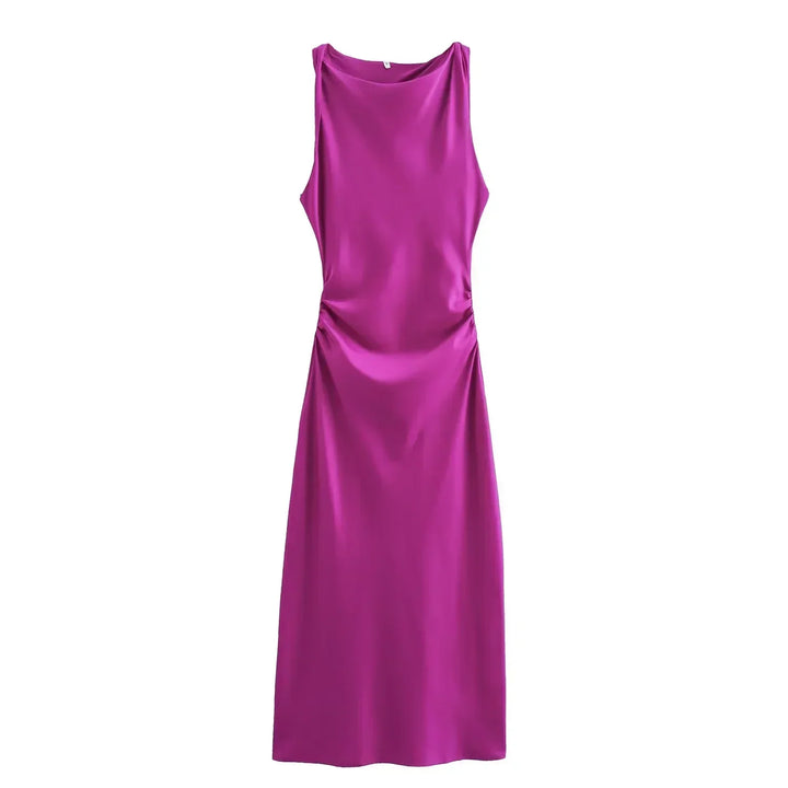 Detailed shot of the elegant neckline on the chic women's sleeveless dress.