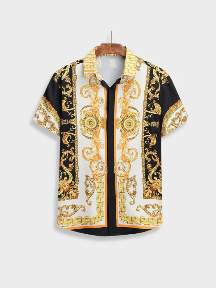 Mens Italian Baroque print short sleeve button down shirt for summer