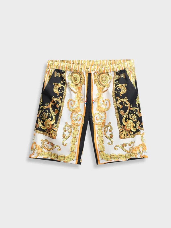 Stylish mens vacation outfit featuring luxury Baroque print design