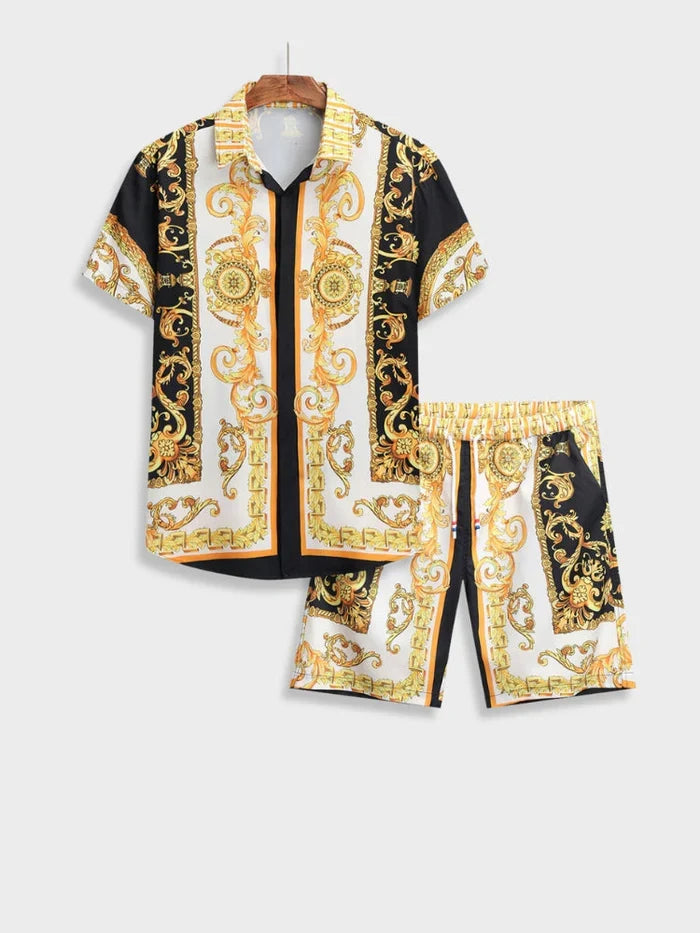 Men's Black Italian Baroque Summer Outfit Set with Matching Shirt and Shorts