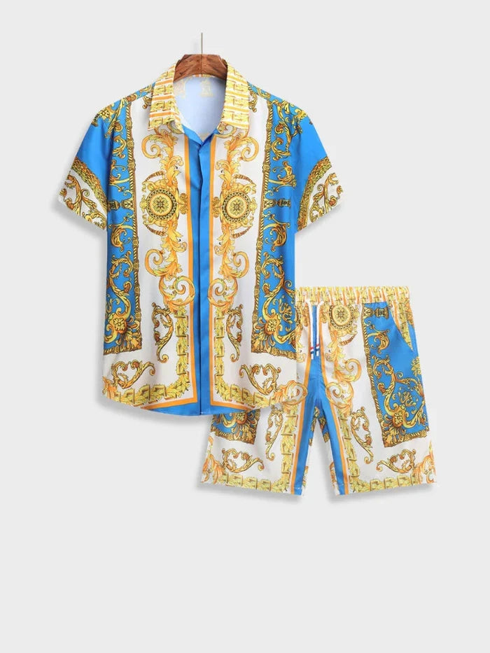 Men's Sky Blue Italian Baroque Summer Outfit Set Displayed on Hanger