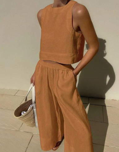 Close-up fabric detail of stylish summer fashion two-piece matching set