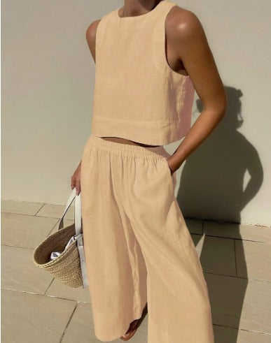 Full length view of elegant two-piece outfit set for women chic wear