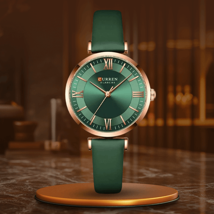 Emerald green women's waterproof watch with rose gold bezel and roman numerals