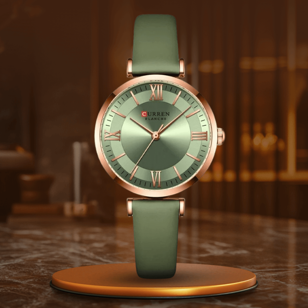 Olive green strap women's elegant wristwatch on a display stand