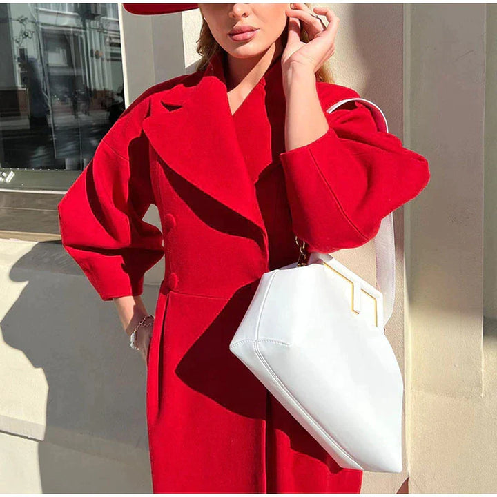 Formal wear combination featuring the elegant women's double-breasted coat.