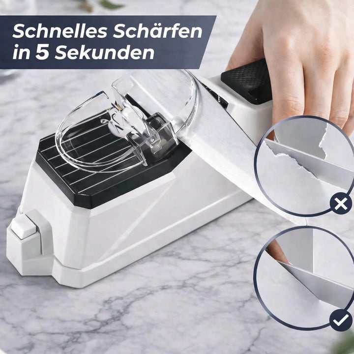 Electric knife sharpener angled view showing dual sharpening slots for kitchen tools