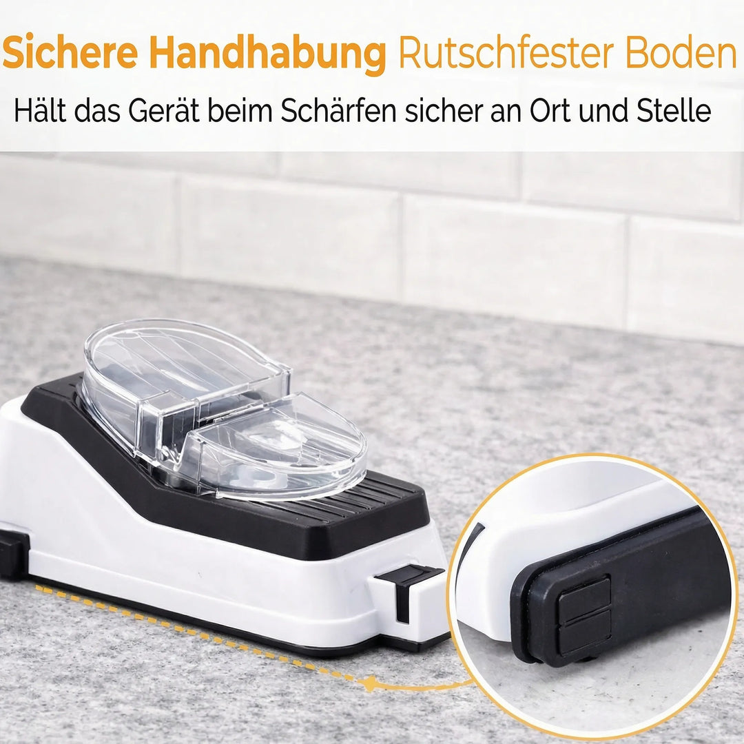 Side profile of electric knife sharpener highlighting sleek modern design