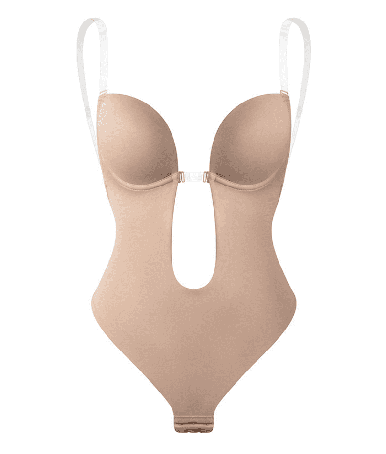 Product shot of the beige backless shaping bodysuit with clear straps on white background