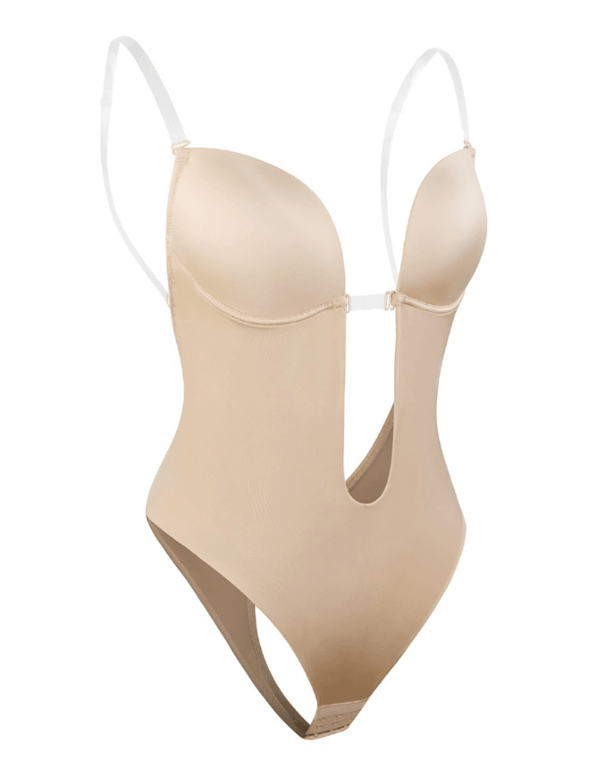Formfitting women's bodysuit, backless plunge shapewear for smooth silhouette