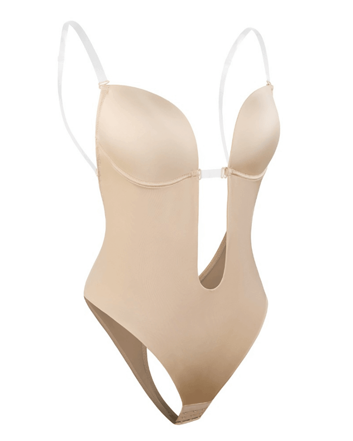 Formfitting women's bodysuit, backless plunge shapewear for smooth silhouette
