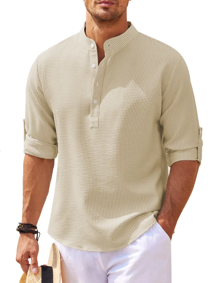 Man wearing a khaki casual long-sleeve shirt for men