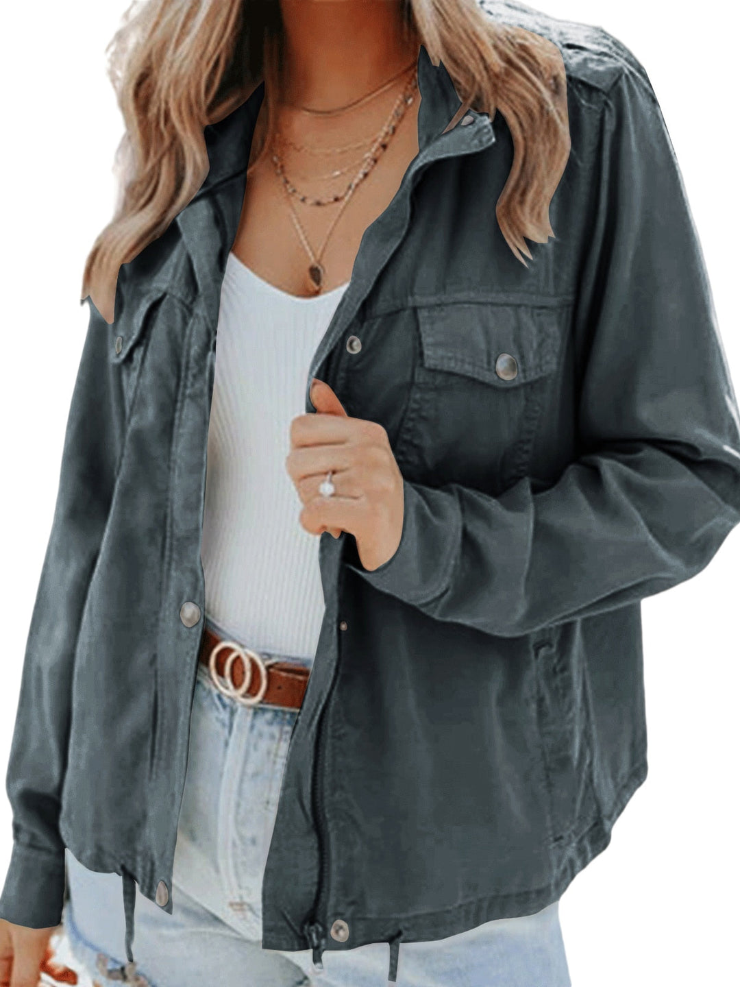 Women's stylish casual jacket showcasing front button closure and tailored fit
