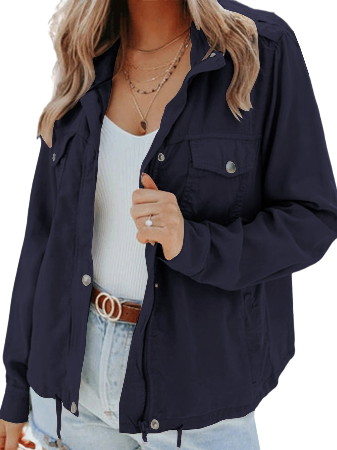 Trendy women's clothing jacket displayed from the side profile
