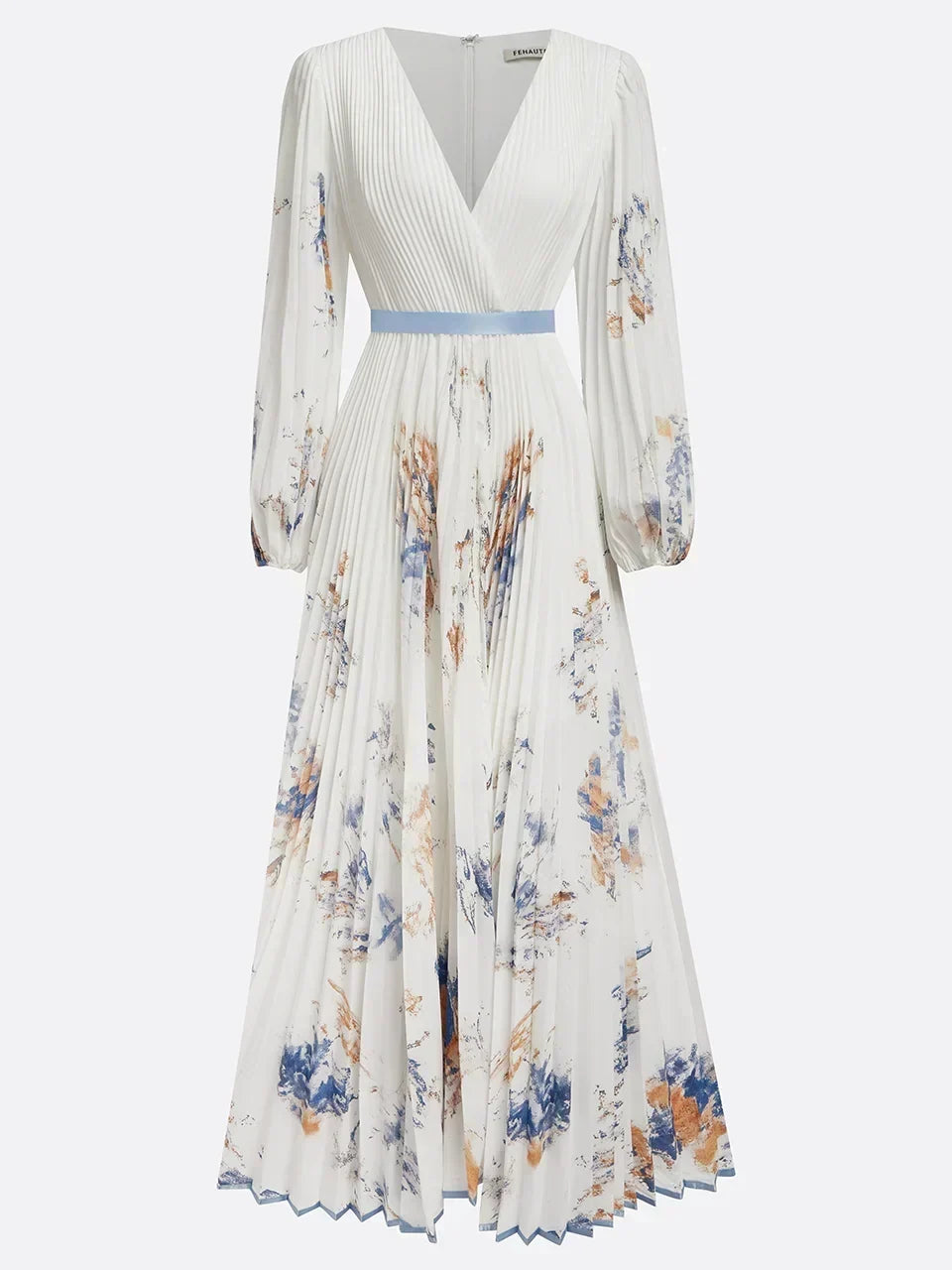 Full view of the white floral maxi dress against a neutral background