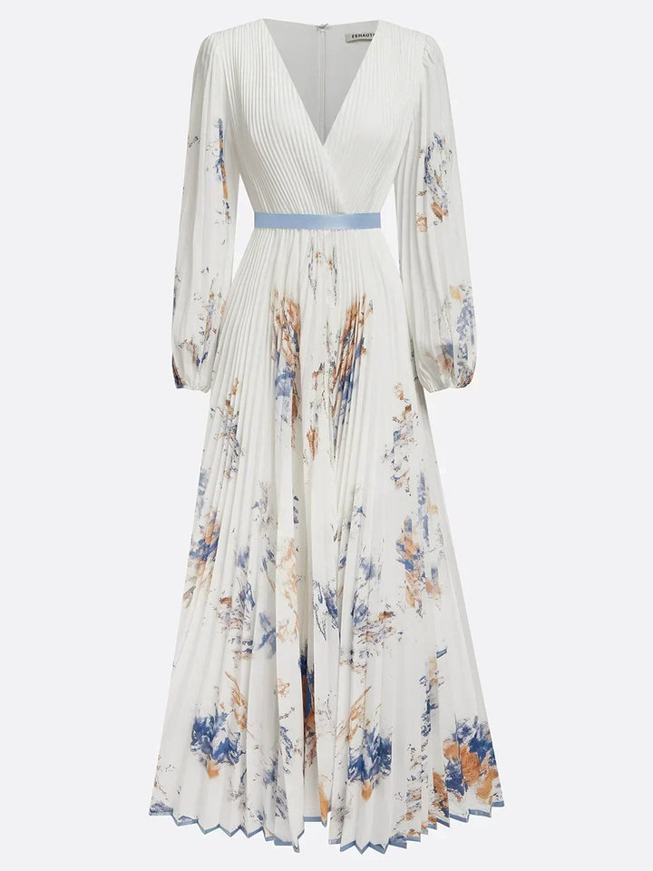 Full view of the white floral maxi dress against a neutral background