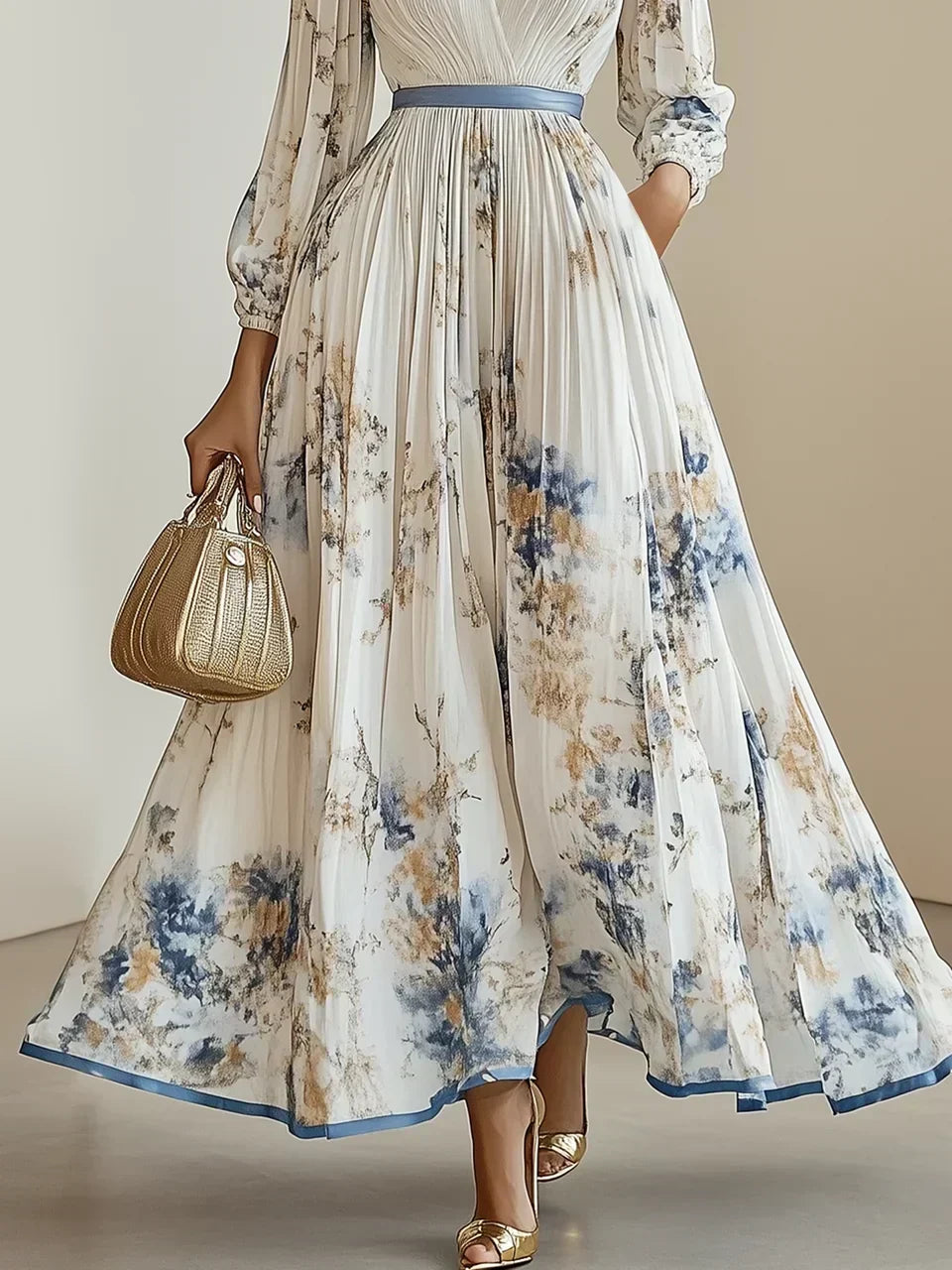 Close-up of the floral print pattern and pleated fabric on the maxi dress