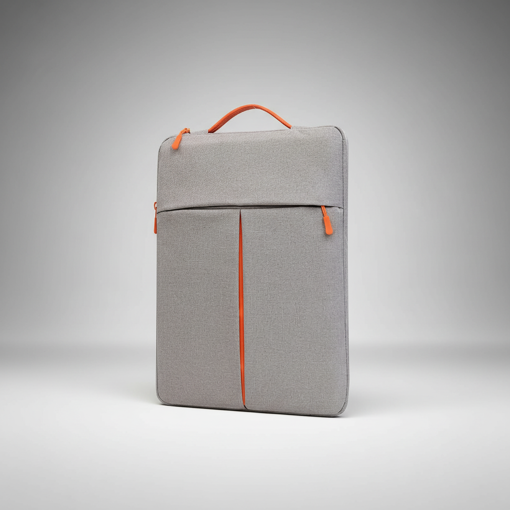 Grey unisex protective laptop sleeve with front pocket and orange zipper details