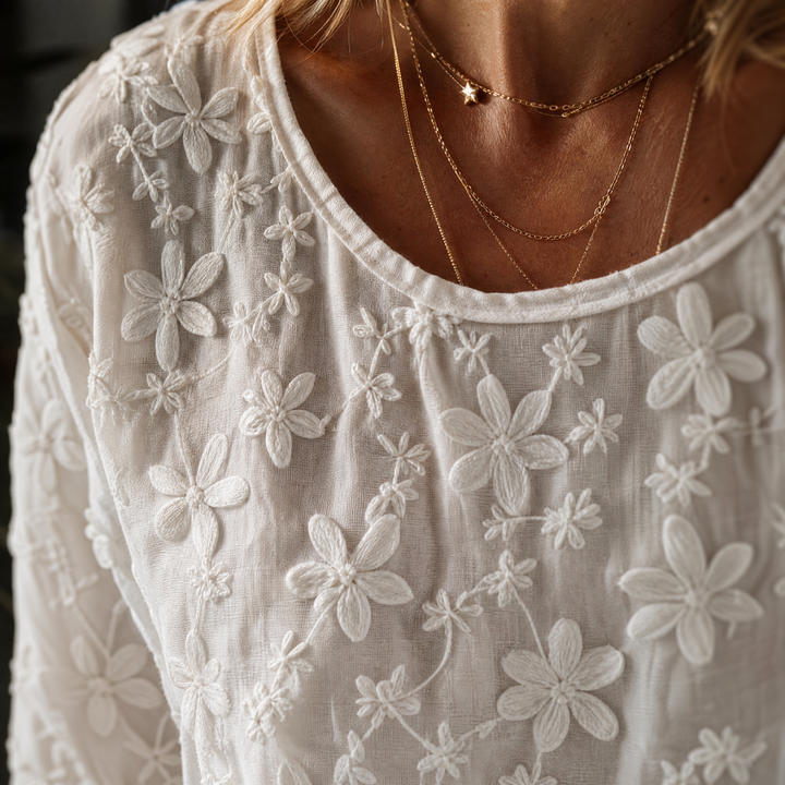 Close-up view of floral embroidered details on white top
