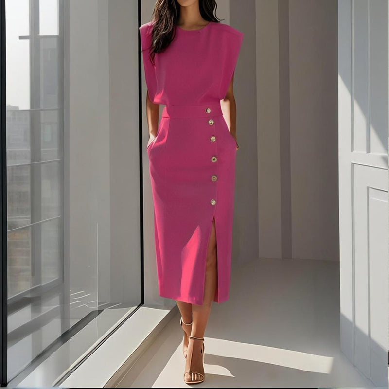 Full length view of the elegant structured midi dress styled for workwear