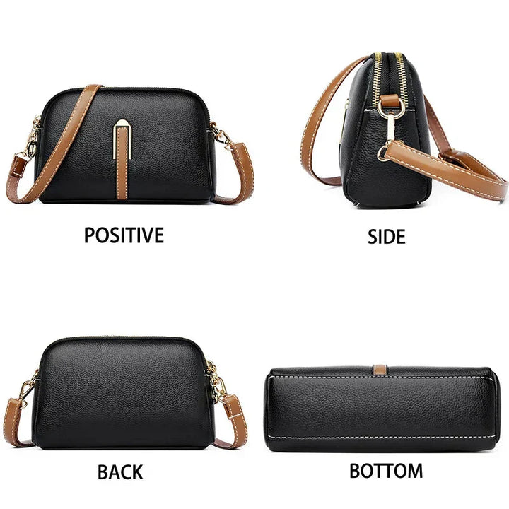 Close-up of durable hardware and strap attachment on small crossbody bag